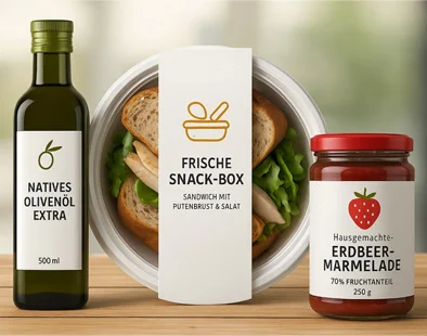 Bedruckte Etiketten auf Flasche, Lebensmittelverpackung und Glas